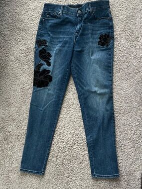 Chico's Dark Blue Skinny Jeans with Black Floral Appliqué